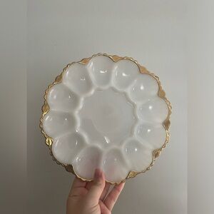White Milk Glass Deviled Egg Platter with Gold Trim